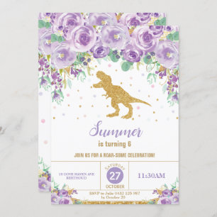 Invitation Dinosaure floral violet Fête d'anniversaire T-Rex