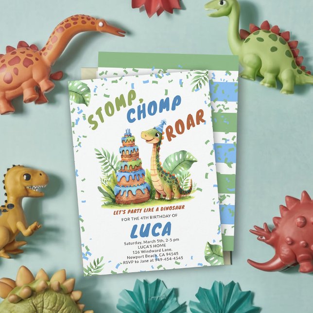 Invitation Dinosaure Giant Anniversaire Gâteau Cute Aquarelle (dinosaur boy birthday party dino stomp chomp roar funny watercolor giant cake prehistoric wild cute)