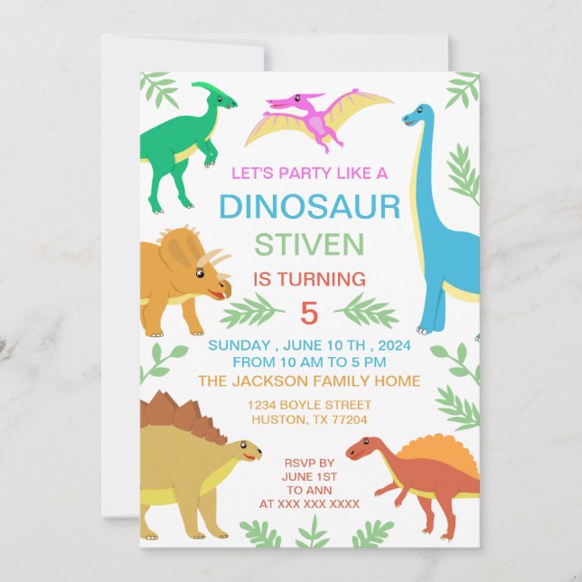 Invitation Dinosaure mignon Anniversaire coloré (Devant)