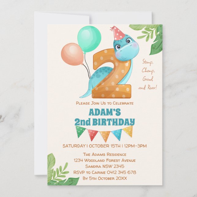 Invitation Dinosaure mignon avec ballons 2e anniversaire (Devant)