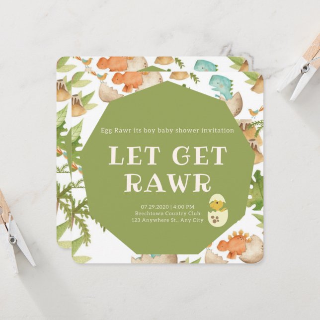 Invitation dinosaure mignon dans la plume d'oeuf une invitati (Devant/Arrière en situation)