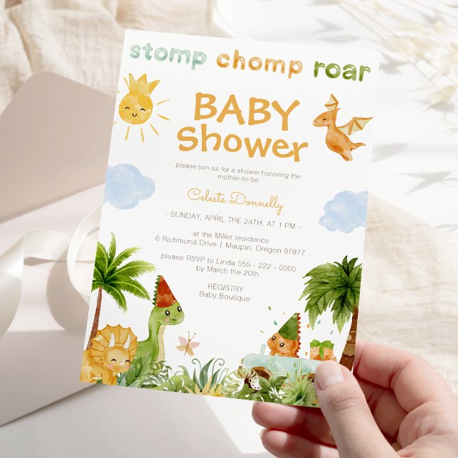 Invitation Dinosaure moderne blanc Baby shower neutre genre (Créateur téléchargé)