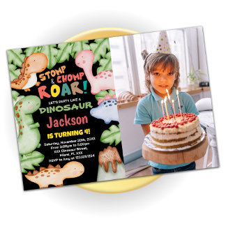 Invitation Dinosaure noir jaune Anniversaire avec photo