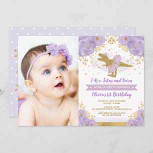 Invitation Dinosaure Or Lavande T Rex Fille Photo Anniversair