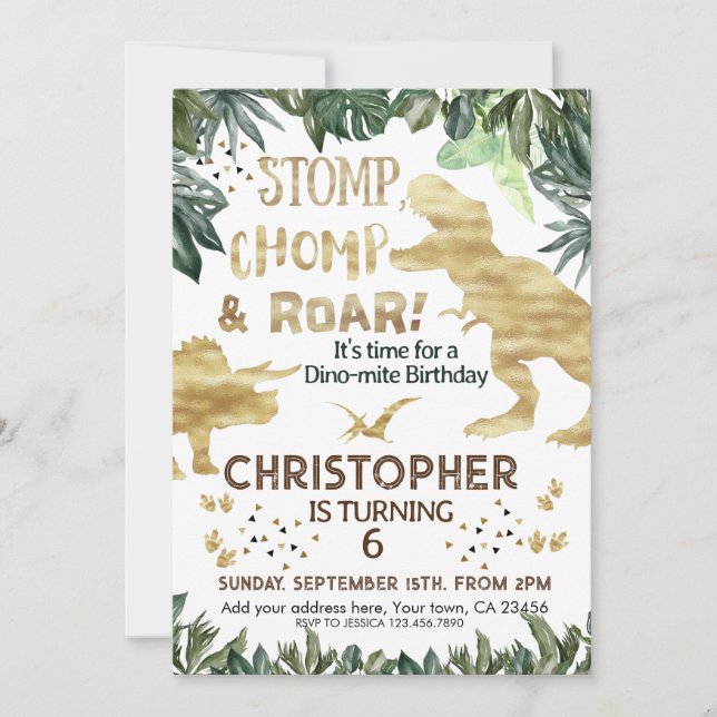 Invitation Dinosaure or mignon Anniversaire de enfant Dino Tr (Devant)