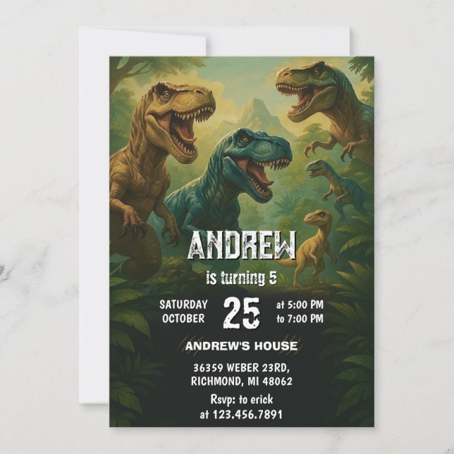 Invitation Dinosaure personnel T-Rex fête d'anniversaire (Devant)