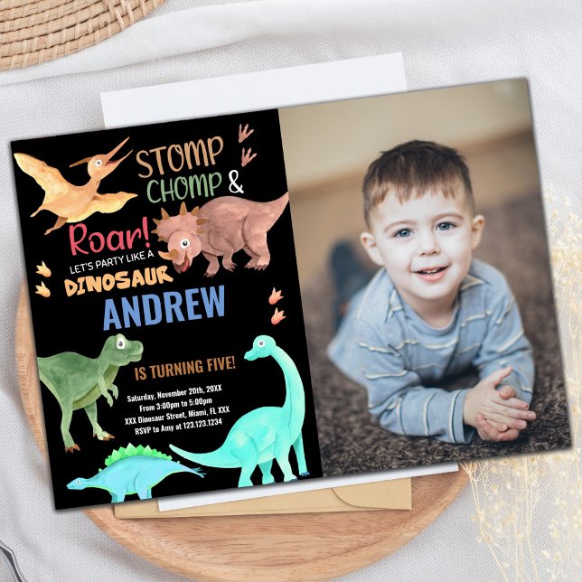 Invitation Dinosaure photo verte orange noire (Black Orange Green Photo Dinosaur Birthday Invitation)
