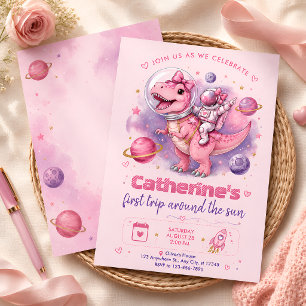 Invitation Dinosaure rose astronaute Premier tour autour du S