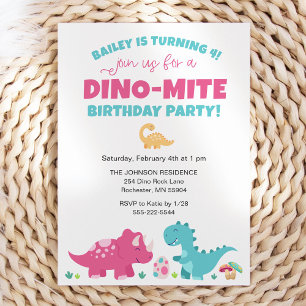Invitation Dinosaure rose et bleu fête d'anniversaire