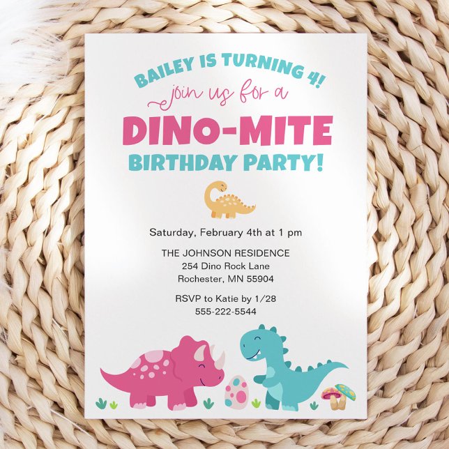 Invitation Dinosaure rose et bleu fête d'anniversaire (Créateur téléchargé)