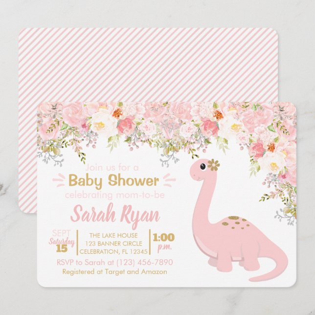 Invitation Dinosaure rose et or Baby shower floral fille (Devant / Derrière)