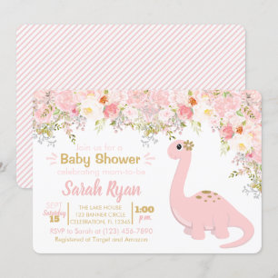 Invitation Dinosaure rose et or Baby shower floral fille