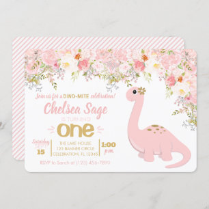 Invitation Dinosaure rose et or Floral Girl Anniversaire