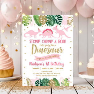 Invitation Dinosaure rose et or Safari Anniversaire