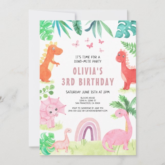 Invitation Dinosaure rose fête d'anniversaire fille Dino (Devant)