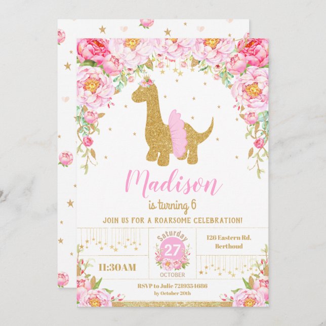 Invitation Dinosaure rose floral Brachiosaurus Fille d'annive (Devant / Derrière)