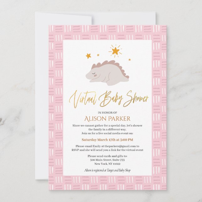 Invitation Dinosaure rose mignon avec Baby shower virtuel Sta (Devant)