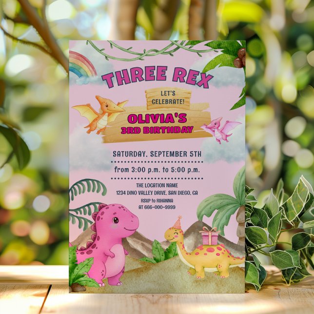 Invitation Dinosaure rose Trois Rex 3e fête de fille annivers (Pink Dinosaur Three Rex Birthday Girl Party Invitation)