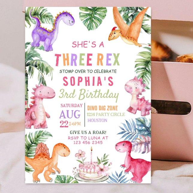 Invitation Dinosaure rose Trois Rex FILLE Anniversaire (Créateur téléchargé)
