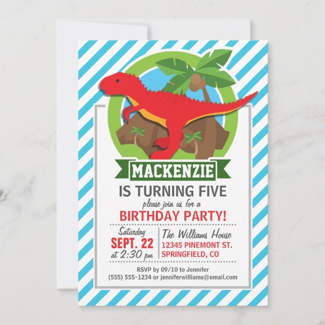 Invitation Dinosaure rouge T-Rex; Bleu et Blancs (Devant)