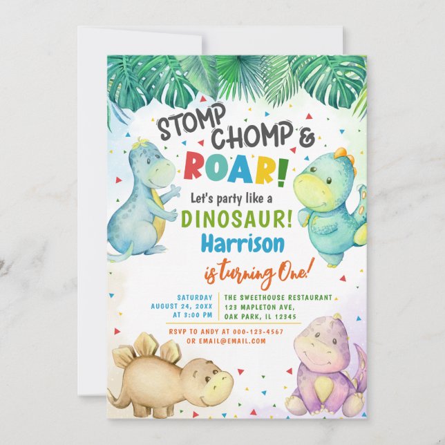 Invitation Dinosaure Stomp Chomp & Roar! 1er anniversaire gar (Devant)