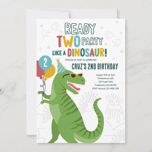 Invitation Dinosaure T-Rex 2e fête d'anniversaire (Devant)
