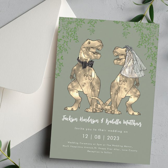Invitation Dinosaure T-Rex Mariée & Marié Vert Sauge Mariage (Funny Dinosaur T-Rex bride and groom sage green and white wedding invitation )