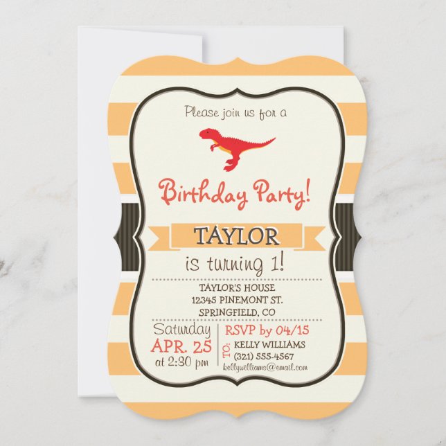Invitation Dinosaure T-Rex Rouge; Rayures Orange (Devant)