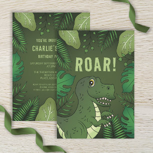 Invitation Dinosaure T-rex vert avec texte brut fête d'annive