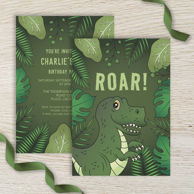 Invitation Dinosaure T-rex vert avec texte brut fête d'annive (Créateur téléchargé)