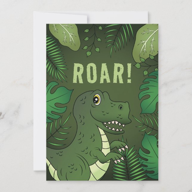 Invitation Dinosaure T-rex vert avec texte Rugissement pour f (Devant)