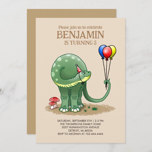 Invitation Dinosaure tenant Ballons Anniversaire (Devant / Derrière)