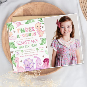 Invitation Dinosaure Trois-A-Saurus Girl 3ème anniversaire Ph