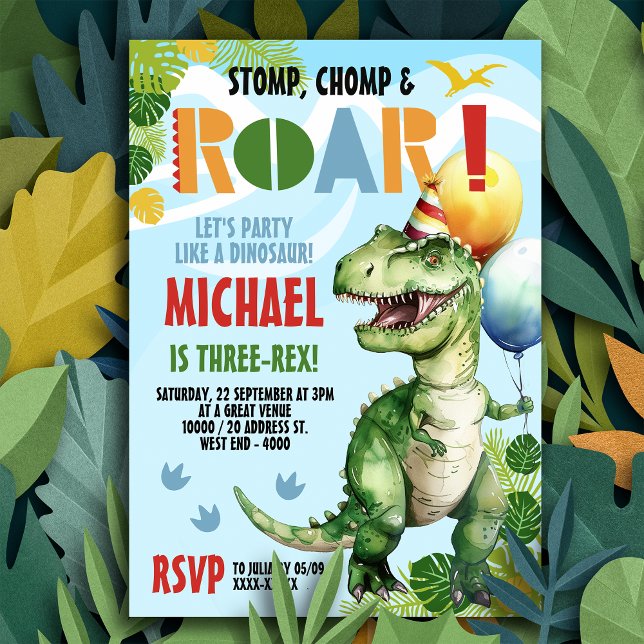 Invitation Dinosaure Trois Rex fête d'anniversaire (Stomp, Chomp & Roar - get ready to party like dinosaur with our three-rex invitation!)