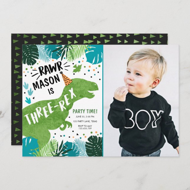 Invitation Dinosaure Trois Rex T-Rex RAWR 3e anniversaire (Devant / Derrière)