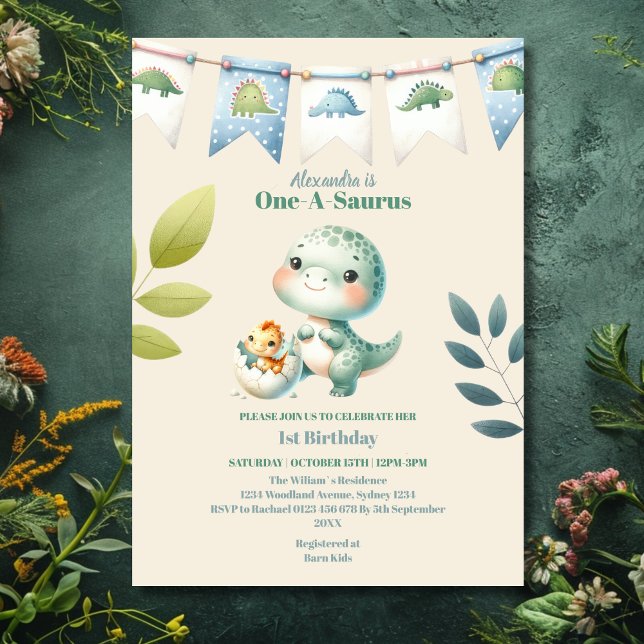 Invitation Dinosaure un-a-saurus 1er anniversaire (Créateur téléchargé)