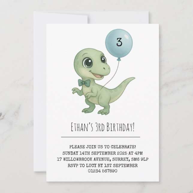 Invitation Dinosaure vert avec Cravate Bow Anniversaire (Devant)