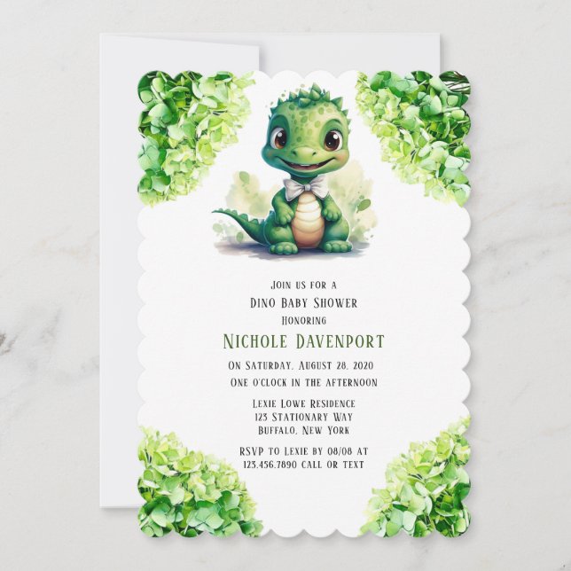 Invitation Dinosaure Vert Floral Genre Baby shower neutre (Devant)
