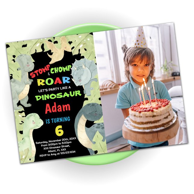 Invitation Dinosaure Vert Jaune Bleu Anniversaire Avec Photo (Créateur téléchargé)
