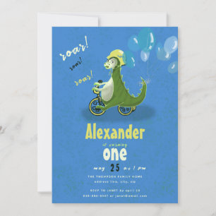 Invitation Dinosaure vert mignon sur Trike Boy Anniversaire P