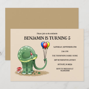 Invitation Dinosaure vert tenant les ballons colorés