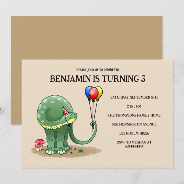 Invitation Dinosaure vert tenant les ballons colorés (Devant / Derrière)