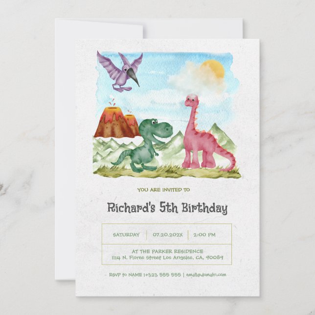 Invitation Dinosaures Aquarelle Verte Fête d'anniversaire (Devant)