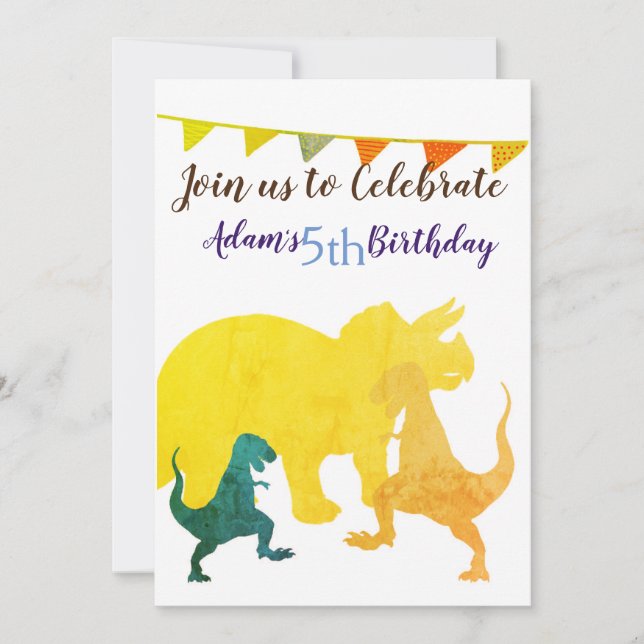 Invitation Dinosaures bleu et jaune Drapeaux Anniversaire de  (Devant)