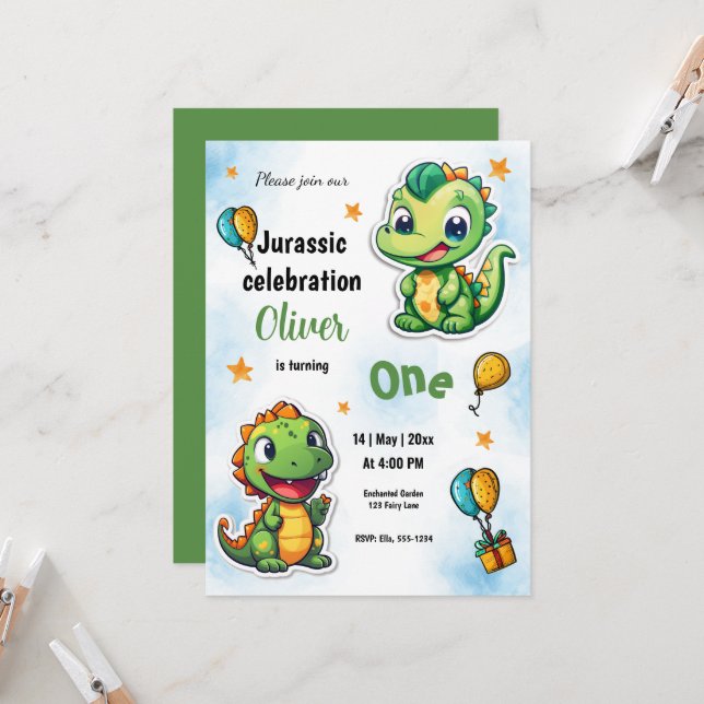 Invitation Dinosaures Caricature garçon premier anniversaire  (Devant/Arrière en situation)