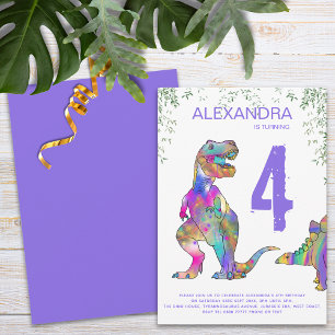 Invitation Dinosaures colorées Filles 4e fête d'anniversaire