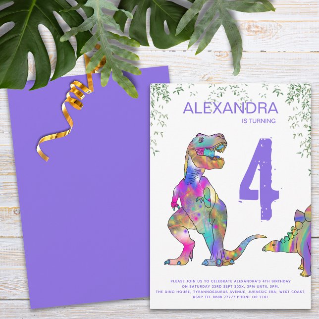 Invitation Dinosaures colorées Filles 4e fête d'anniversaire (Colorful dinosaur girls 4th birthday party )