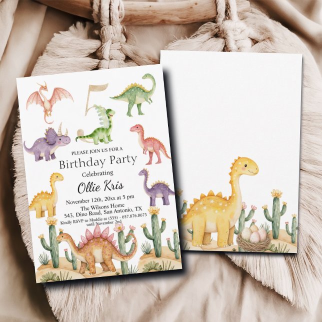 Invitation Dinosaures colorés 5e fête d'anniversaire (Créateur téléchargé)