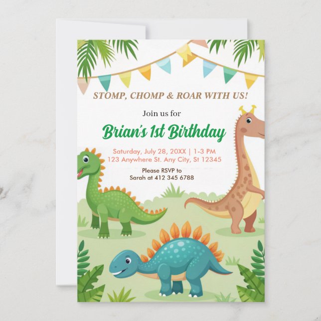 Invitation dinosaures colorés mignon garçon fête d'anniversai (Devant)