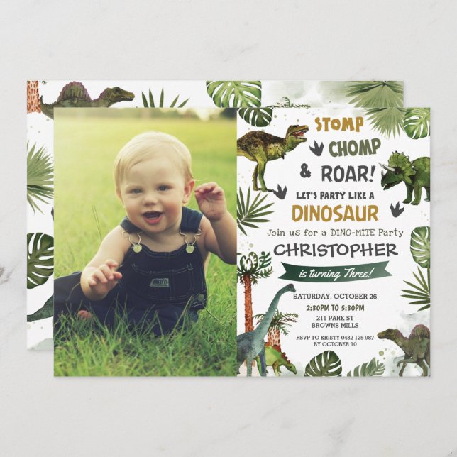 Invitation Dinosaures Cool de verdure T-Rex fête d'anniversai (Devant / Derrière)